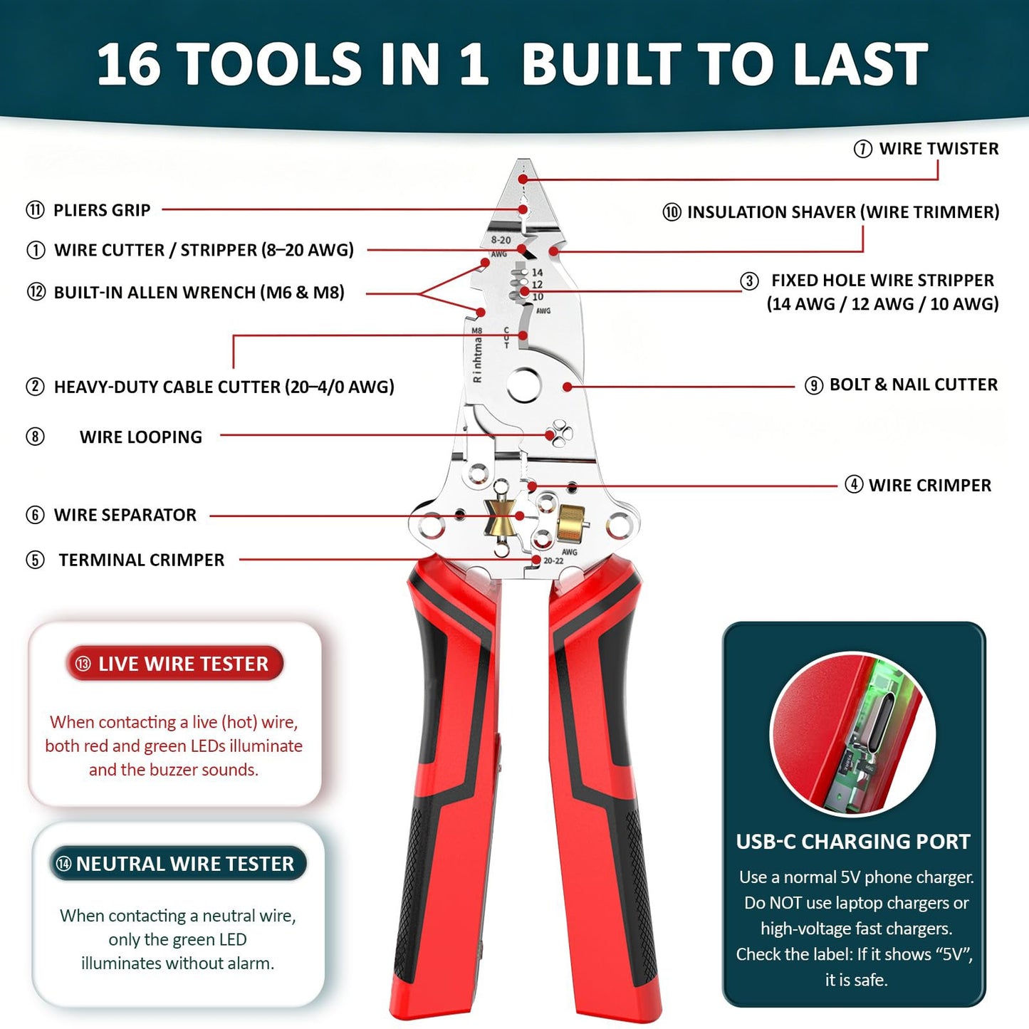 16-in-1 Multifunctional Rechargeable Wire Stripper